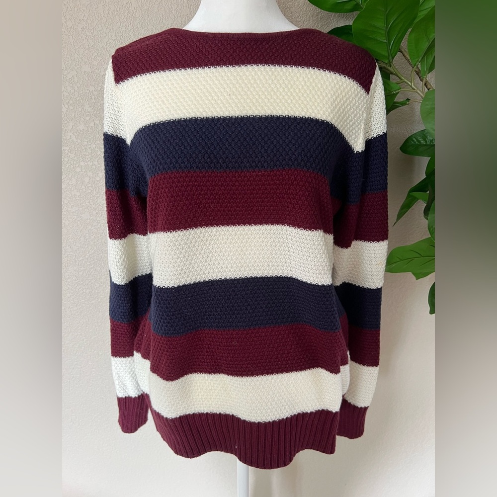 Eleven Star M maroon, ivory, and navy stripe light weight soft sweater